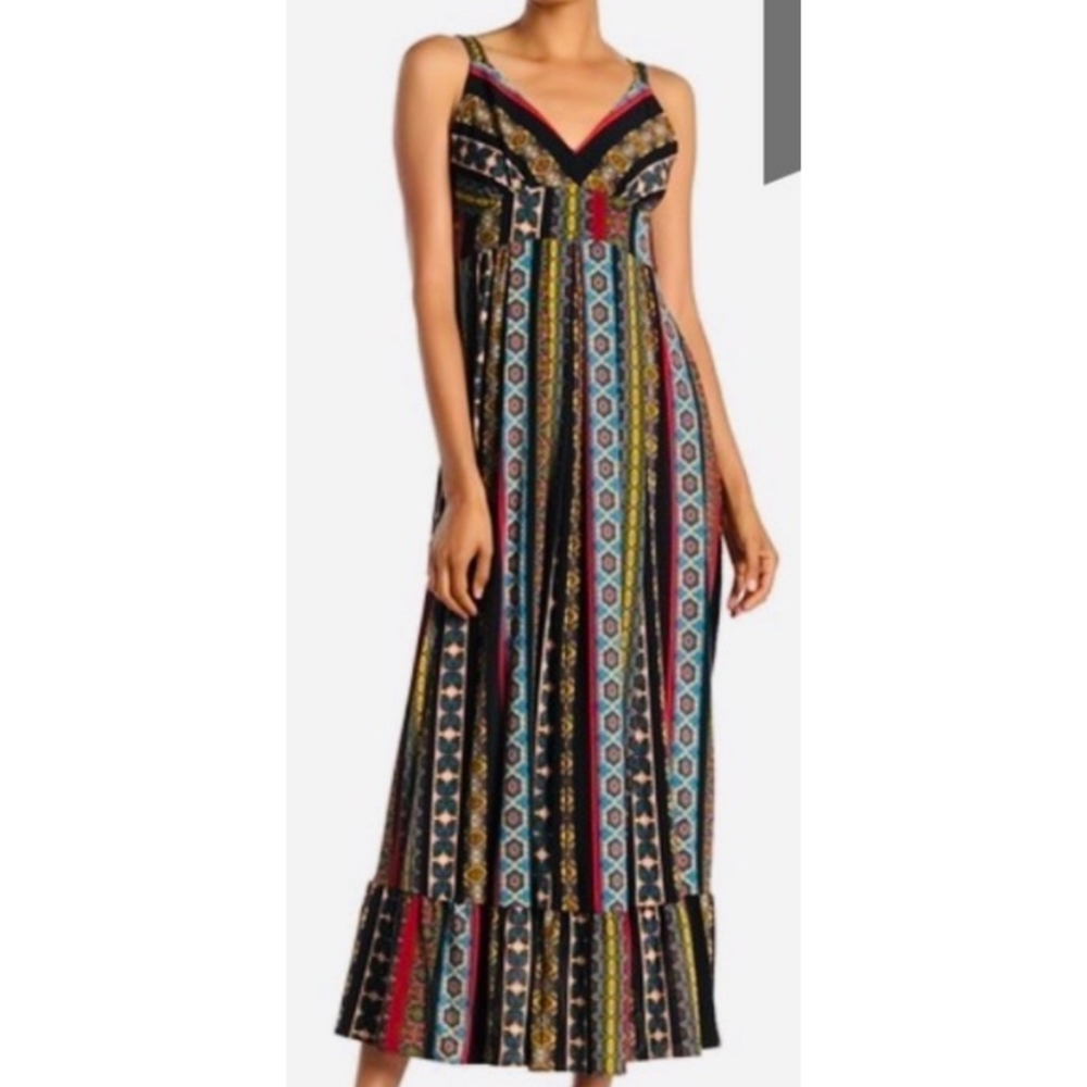 T Tahari boho long  maxi dress with tile stripe  print